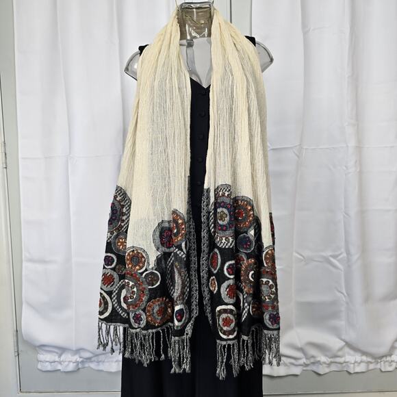 Tolani Hand Embroidered Wool Scarf 74x27" - Picture 1 of 10